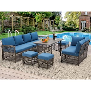 7-Pieces Patio Gray Wicker Furniture Dining Set with Navy Cushions