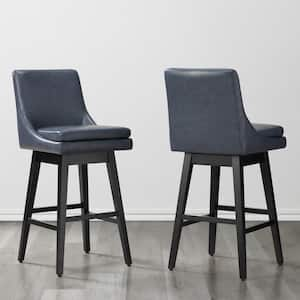 Fiona 30.7 in. Navy Blue Solid Wood Frame Swivel Counter Height Bar Stool with Faux Leather Seat and Back (Set of 2)