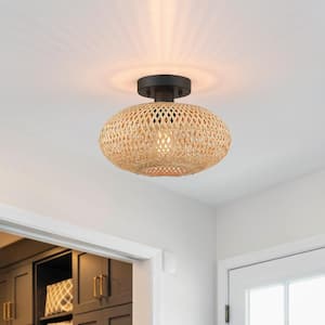 Bungalo 11 in. 1-Light Black/Wheat Bohemian Bamboo Semi-Flush Mount Light