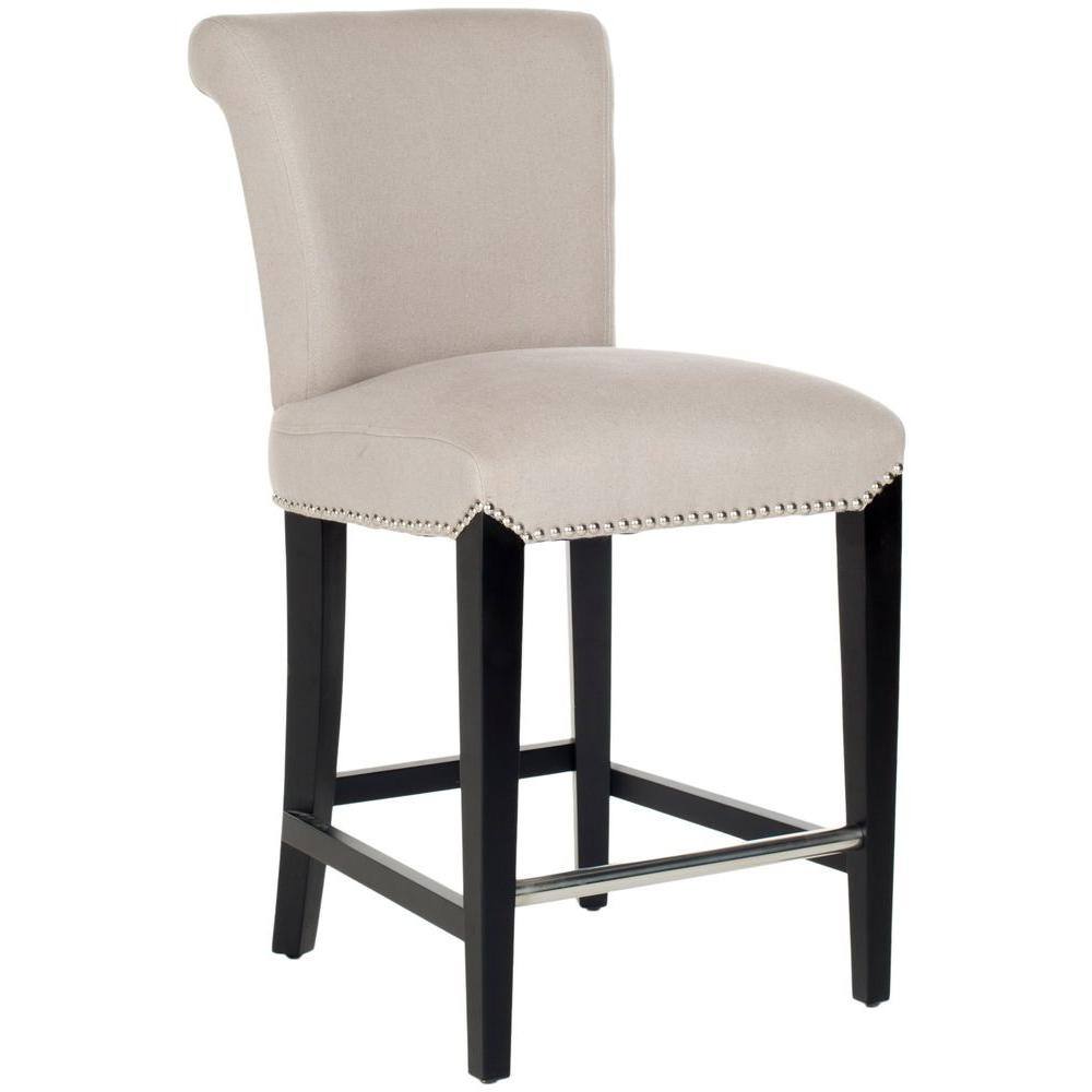 Transitional Beige Linen & Birch Wood Counter Stool with Nailhead Detail