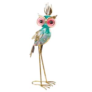 28 in. Metal Owl Garden Statuary, Blue and Gold