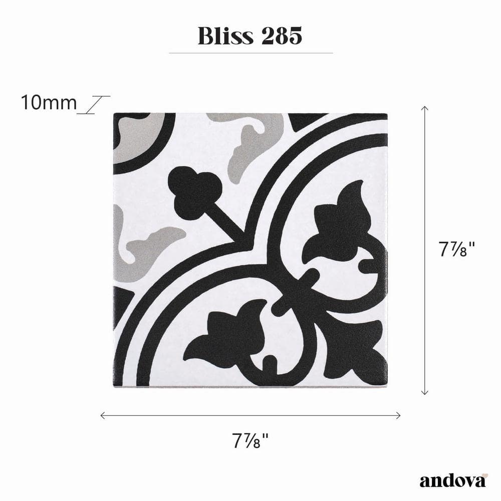 Bliss 8" Black and White Porcelain Patterned Tile