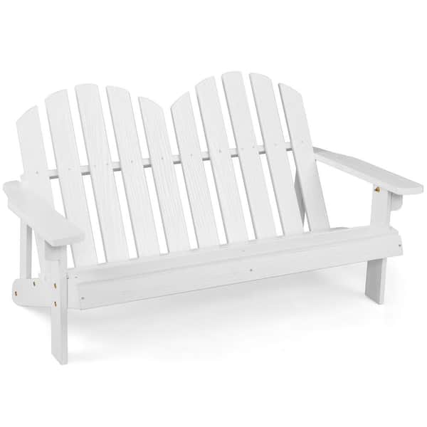 Costway 2-Person White Adirondack Chair Kid Solid Wood Loveseat Backrest Arm Rest Patio