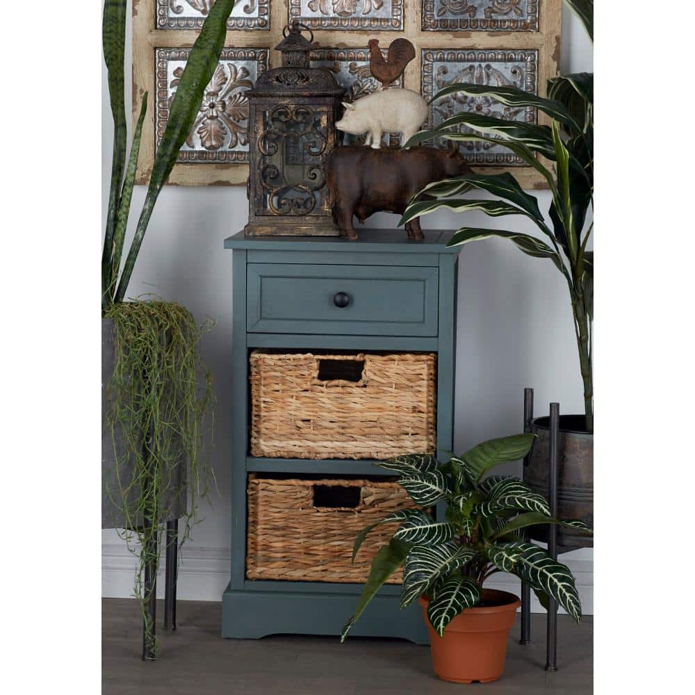 Teal Solid Wood Rectangular Side Table with Seagrass Baskets and Drawer