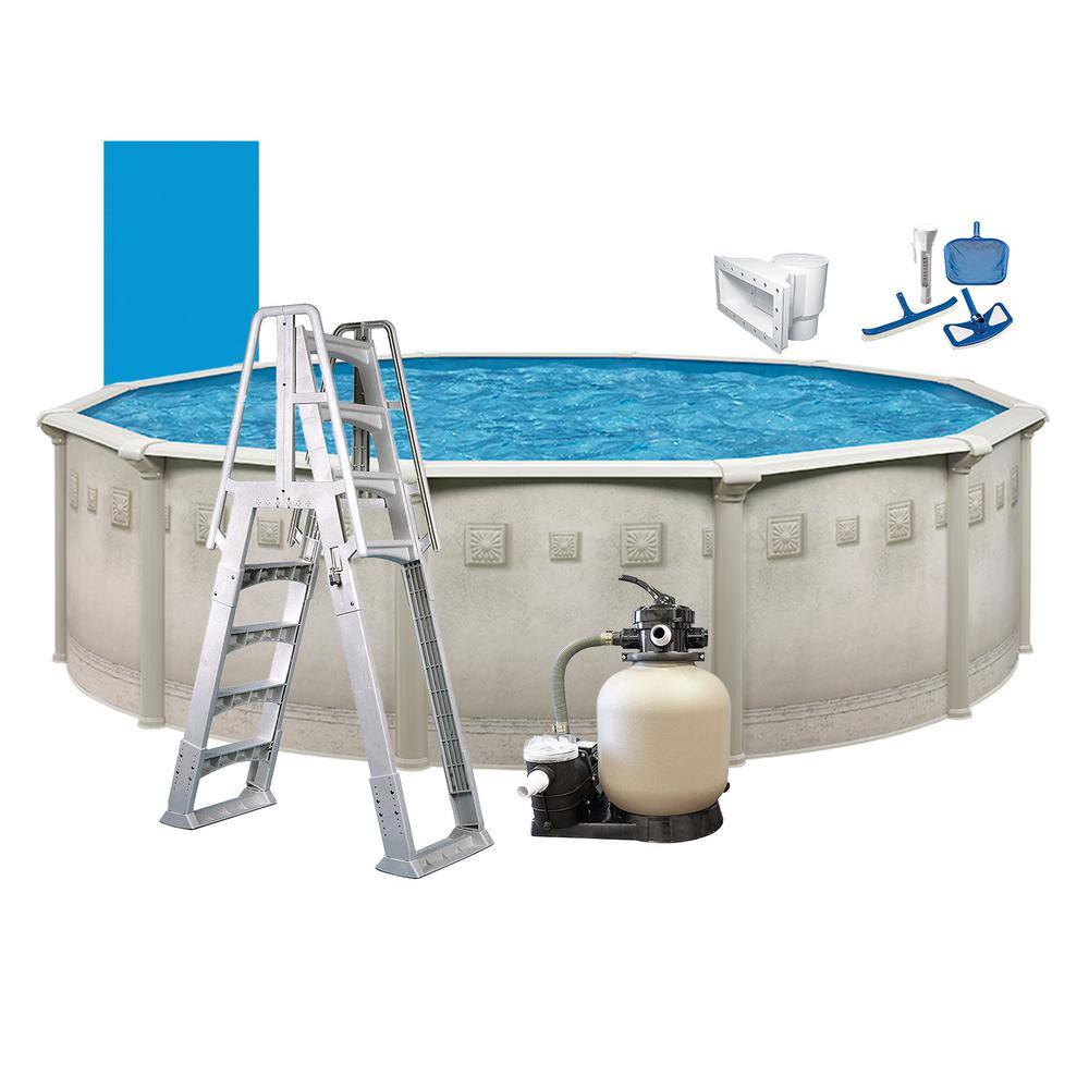 Blue Wave Belize 27-ft x 27-ft x 52-in Steel Wall Panels Round Above-Ground  Pool with Filter Pump and Ladder in the Above-Ground Pools department at