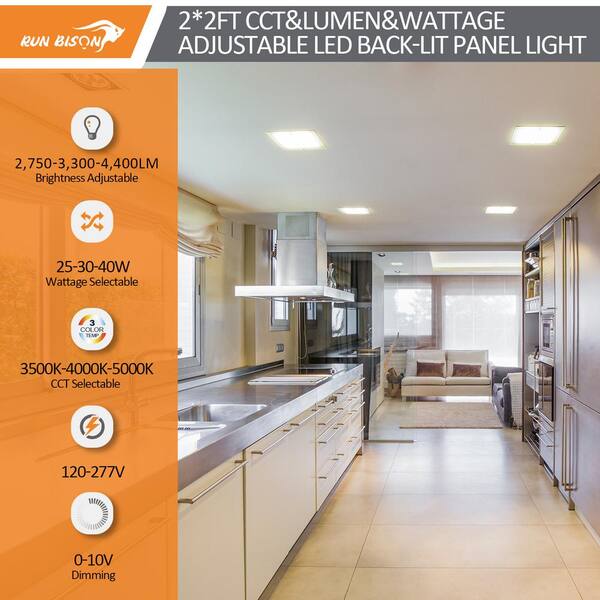 RUN BISON 2-PACK 4 ft. x 2 ft. Dimmable White CCT And Wattage Selectable Integrated LED Back-Lit Panel Light,3300-4400-5500Lumens