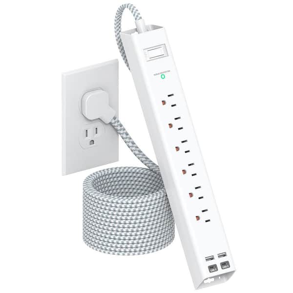 10 ft. Extension Cord Surge Protector 6 Outlet 4 USB Ports 2 USB-C Ports Flat Plug Wall Mount Multi Plug Extender