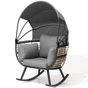 Metal Outdoor Rocking Chair with Gray Cushion and Folding Canopy