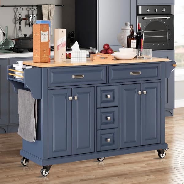 Unbranded Blue MDF Kitchen Cart with 4-Door Cabinet, Spice Rack and Towel Rack
