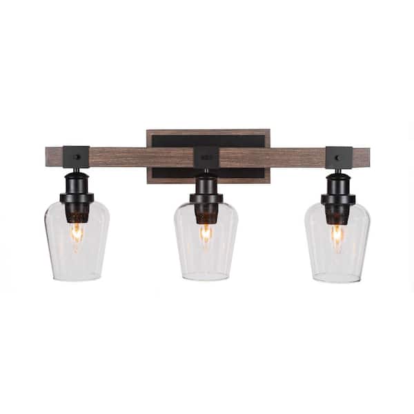 Unbranded Richmond 25.25 in. 3 Light Vanity Light Matte Black and Painted Woodlook Metal with 5 in. Clear Bubble no bulbs included