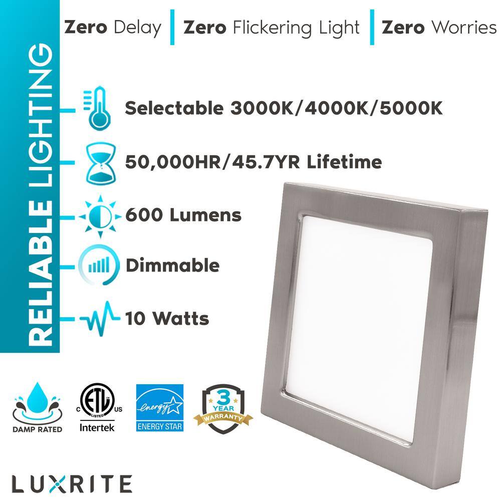 Luxrite 4" Square Silver LED Flush Mount 3-Color Selectable 600 Lumens