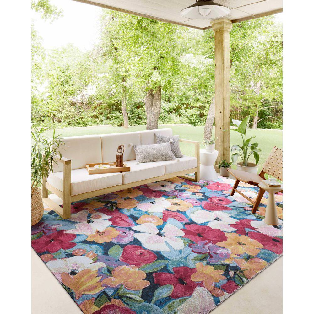 Navy and Multicolor Floral Wool and Synthetic Area Rug
