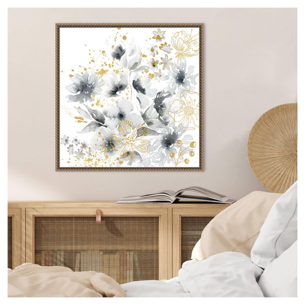 Watercolor Gray and Goldenrod Floral Canvas with Bronze Frame