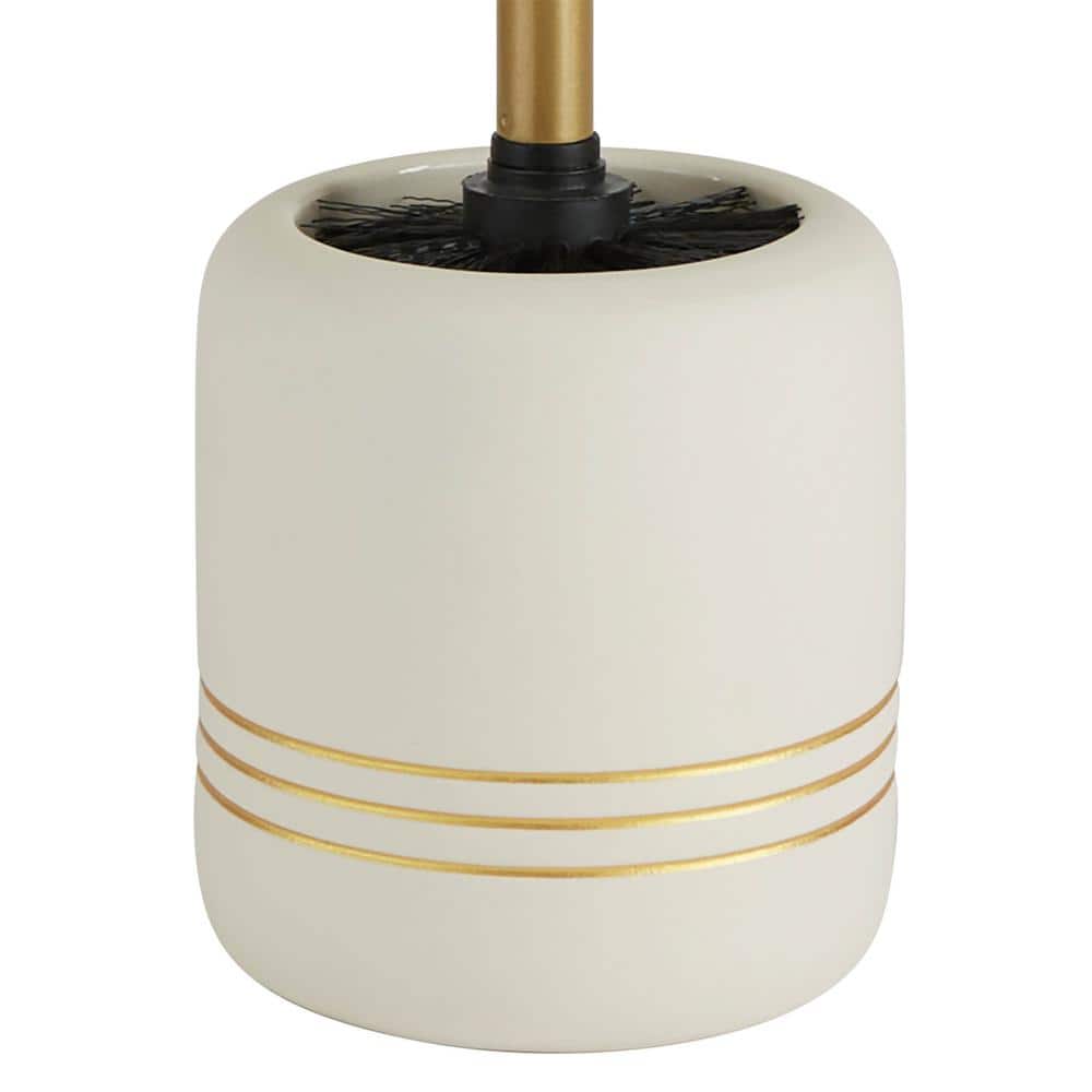 White and Gold Ceramic Toilet Brush Holder with Stainless Steel Handle