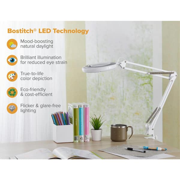 21.25 in. Magnifier White Task and Reading Desk Lamp w/ Clamp Mount, Energy-Efficient LEDs, Dimmable, 4.5-Watt,480-Lumen