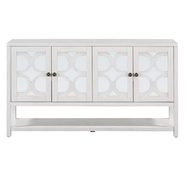 COWLOWN 60 in. W x 15.7 in. D x 33.8 in. H White Linen Cabinet with Mirrored Doors, Spacious Shelves, Durable Acacia Wood Legs