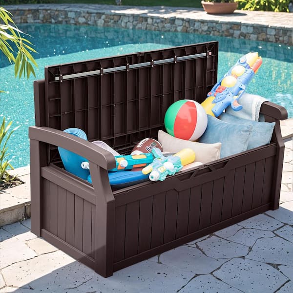 Tozey 80 Gal. Brown Outdoor Storage Bench Plastic Deck Box with Back and  Armrest T-LCRC24-0431-8