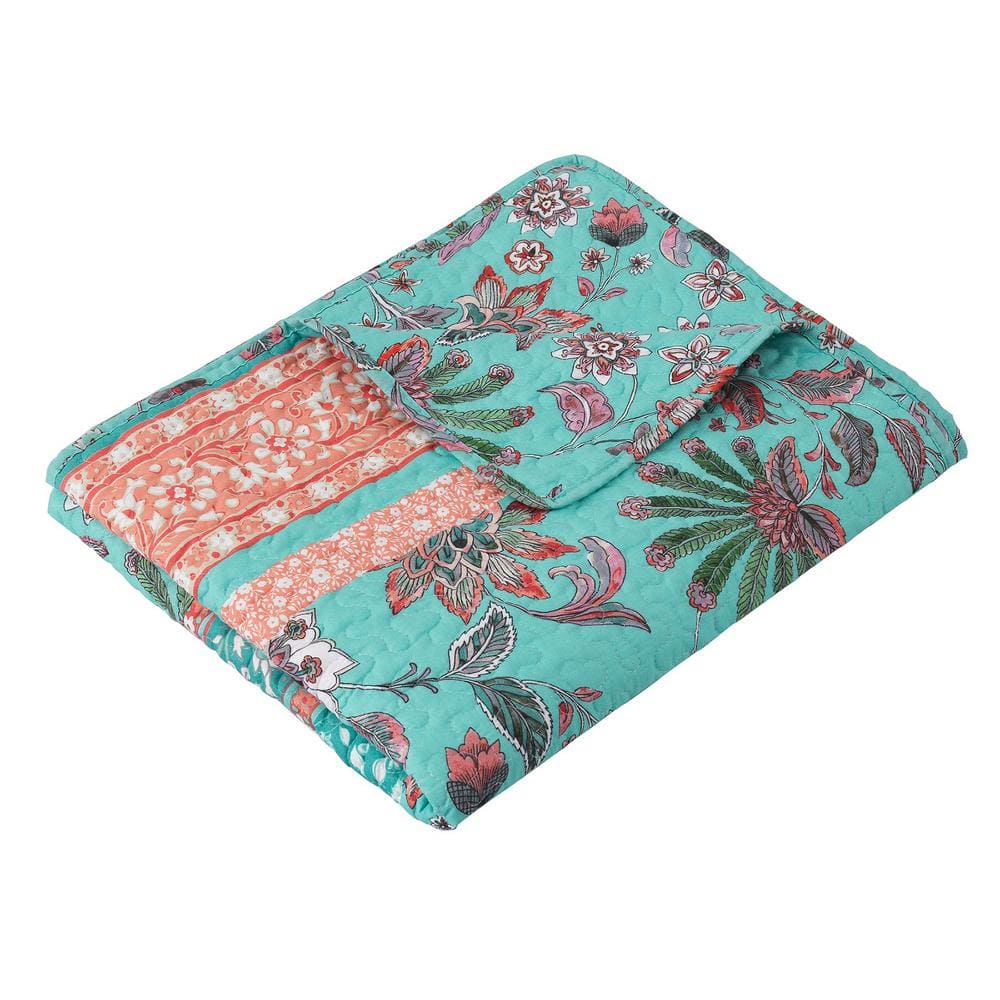 Turquoise and Coral Floral Quilted Reversible Throw Blanket
