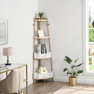 Minimalism Modular 72.64 in. Height Corner Shelf 4-Tier Industrial Bookcase with 2 Drawers in Gold
