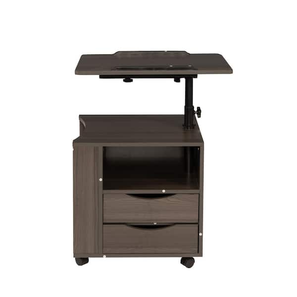 Spaco 16.69 in. Rectangle Dark Brown Wood 2-Drawer Laptop Desk with Swivel Top Wheels and Open Shelf