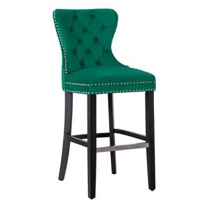 Harper 29 in. High Back Nail Head Trim Button Tufted Dark Green Velvet Bar Stool with Solid Wood Frame in Black
