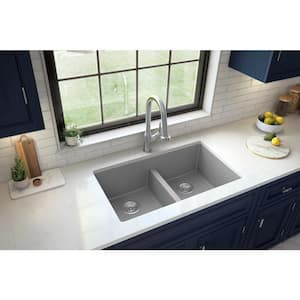 QU-810 Quartz/Granite 32 in. Double Bowl 50/50 Undermount Kitchen Sink in Grey with Bottom Grid and Strainer