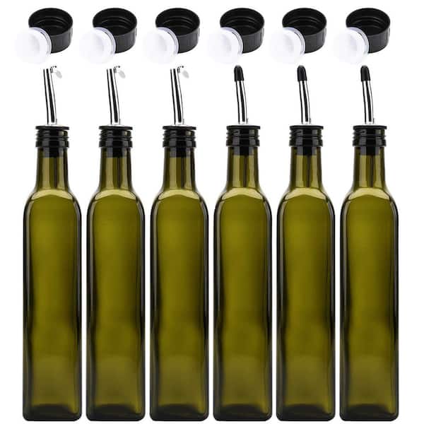 Glass Dark Green Olive Oil Dispenser Bottles with Stainless Steel Non-Drip Pourer Spouts 6-Pack