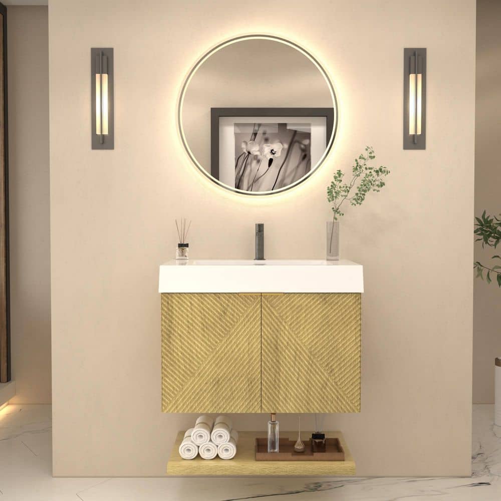 Stella 30 in. W x 20 in. D x 22 in. H Single Sink Teak Oak Bath Vanity with White Acrylic Top Floating Lower Shelf price history on PriceWatchPro
