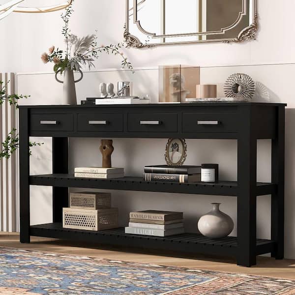 Polibi 62.2 in. Black Rectangle Wood Console Table with 4 Drawers and 2 Shelves, Suitable for Entryways, Living Rooms