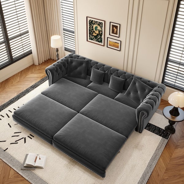 3-in-1 Convertible 89 in. Gray Velvet King Size Sofa Bed with Rivet Head Trim, Movable Ottoman, 4 Pillows