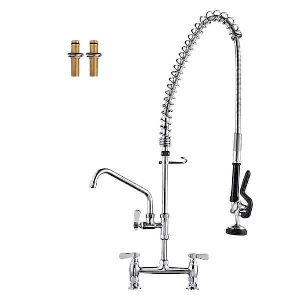 WOWOW Solid Brass Triple Handle Commercial Pull Down Sprayer Kitchen Faucet with Pre-Rinse Sprayer in Chrome
