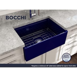 Contempo Workstation 27 in. Farmhouse Apron-Front Single Bowl Sapphire Blue Fireclay Kitchen Sink with Accessories