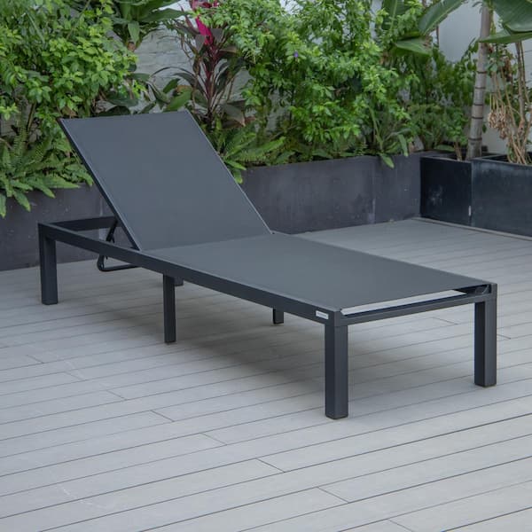 Leisuremod Marlin Outdoor Patio Chaise Lounge Chair in Black Aluminum Reclining Backrest Mesh Sling Fabric Seat in Black