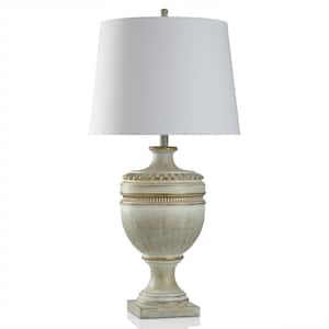 36 in. Washed Cream, Gold Table Lamp with White Linen Shade