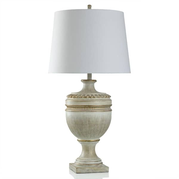 StyleCraft 36 in. Washed Cream, Gold Table Lamp with White Linen Shade