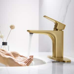 Single-Handle Single Hole Bathroom Faucet with Deckplate Included in Brushed Gold