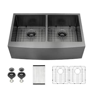 36 in. Farmhouse/Apron Front 50/50 Double Bowl 16-Gauge Gunmetal Black Stainless Steel Kitchen Sink with Bottom Grid