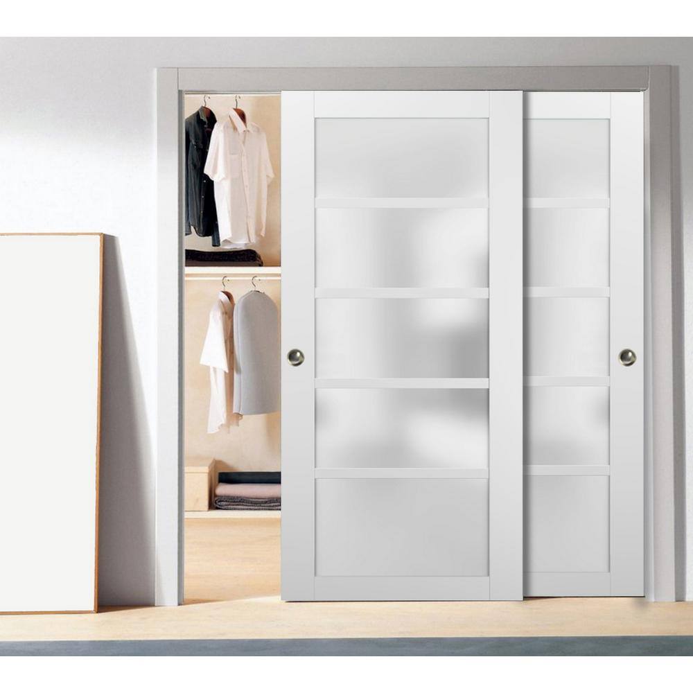 Quadro White Sliding Closet Doors with Frosted Glass Panels