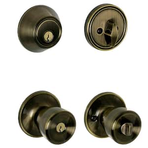 Antique Brass Single Cylinder Deadbolt and Brill Entry Door Knob Combo Pack