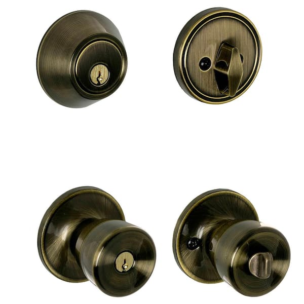 Brill Antique Brass Single Cylinder Deadbolt and Keyed Entry Door Knob Combo Pack