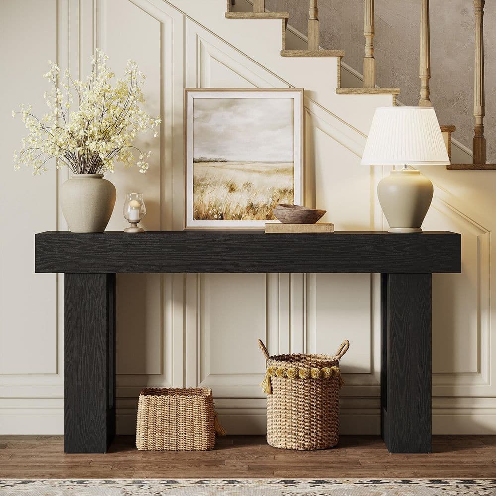 BYBLIGHT Turrella 63 in. W Black Rectangle Wood Sofa Console Table, Farmhouse Behind Couch Table for Living Room, Hallway BB-JW1022YF-N