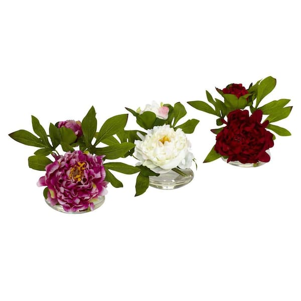 Nearly Natural Indoor 6in. Artificial H Assorted Peony with Glass Vase (Set of 3)