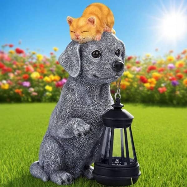 4 in. x 10 in. Gray Resin Solar Dog Garden Statue with Lantern and