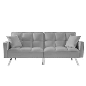 Gray Modern Velvet Sofa Couch Bed Futon