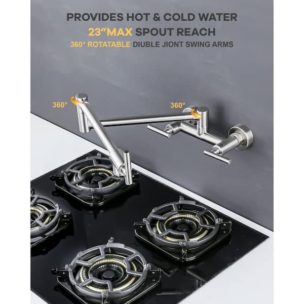 WHSHOWER Brass Pot Filler Faucet Wall Mount Commercial Stove Kitchen Folding Faucet With Double Joint Swing Arms,Brushed Nickel
