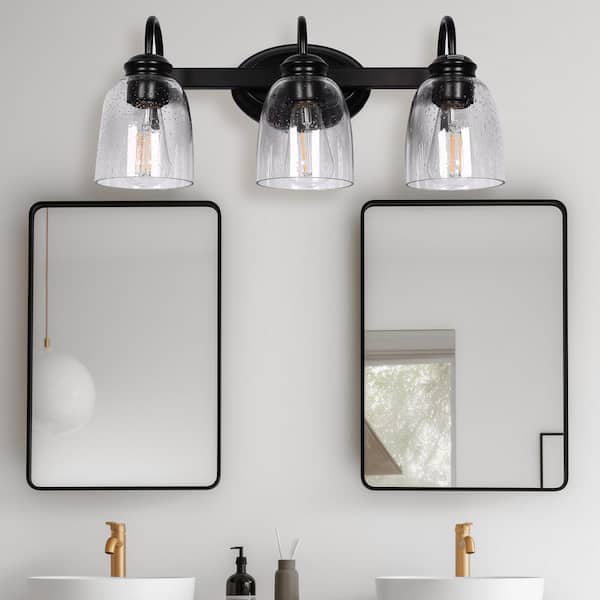 19 in. 3-Light Matte Black Farmhouse Vanity Light with Clear Cone Glass Shade, Dimmable for Bathroom, No Bulbs Included