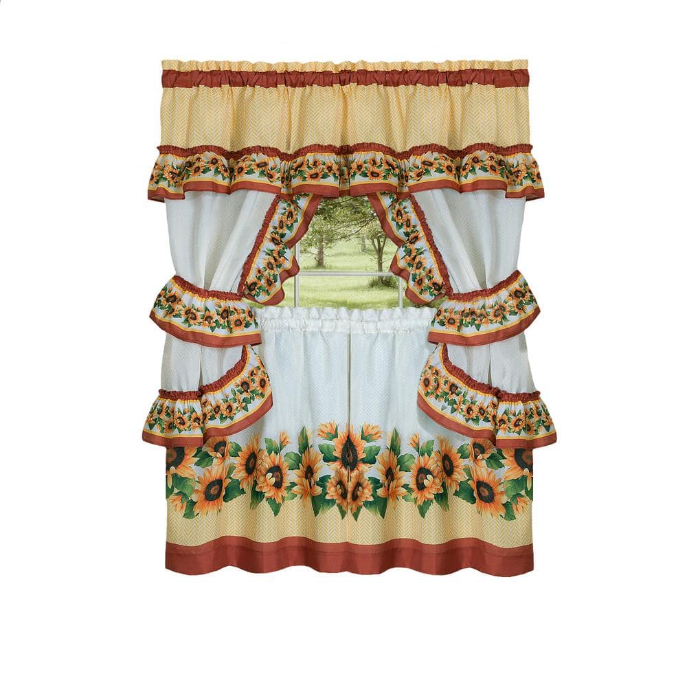 Black and Yellow Floral Polyester Tier Curtains