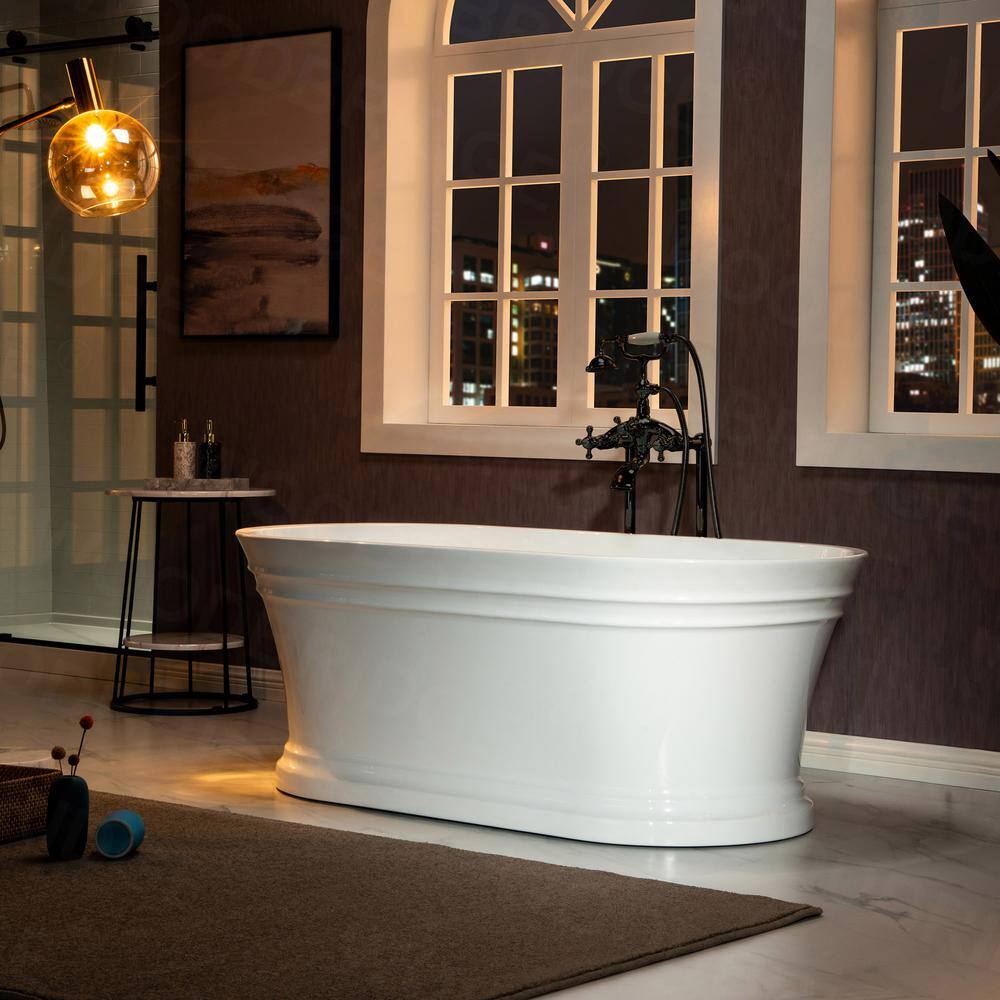 67" White Acrylic Freestanding Soaking Bathtub with Matte Black Trim