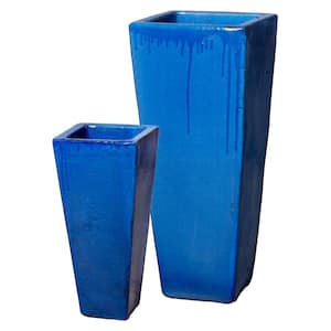 10 in. x 24 in., 14 in. x 35 in. H Ceramic Sq Tall Planters, Blue S/2