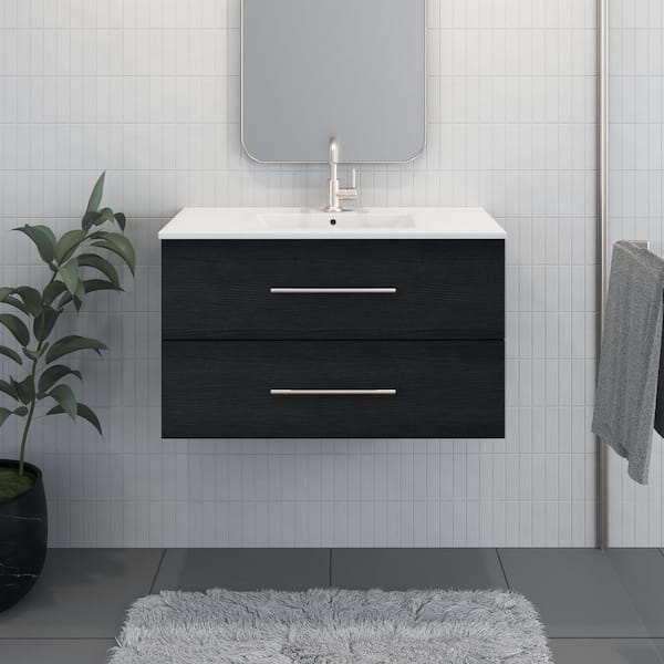 VOLPA USA AMERICAN CRAFTED VANITIES Napa 32 in. W. x 18 in. D Single Sink Bathroom Vanity Wall Mounted in Black Ash with Ceramic Integrated Countertop